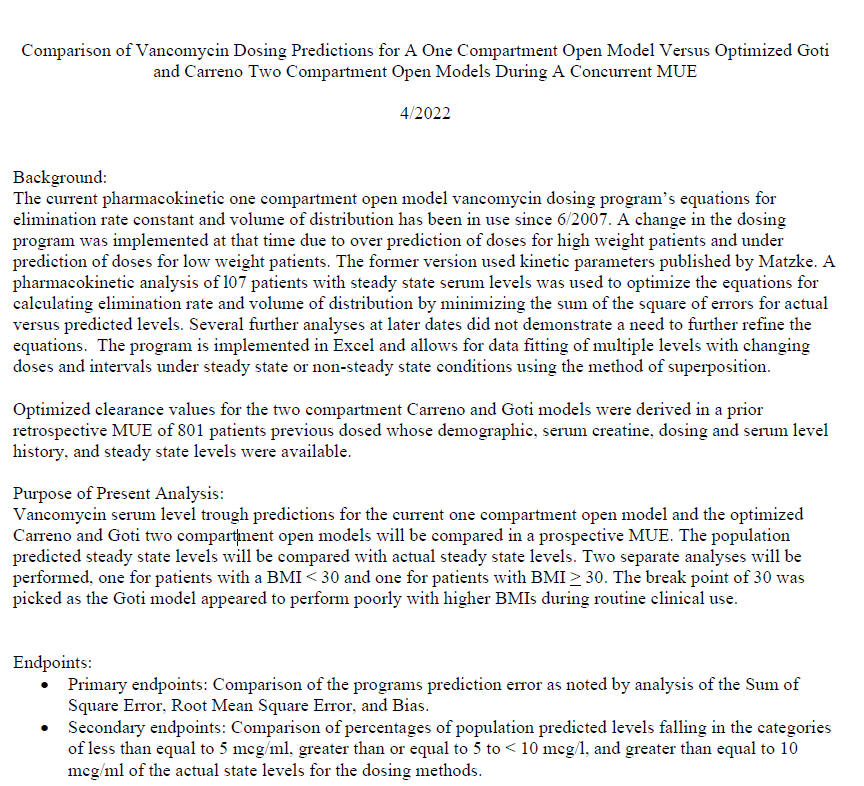 Comparison of Vancomycin Dosing Predictions for A One Compartment Open Model Versus Optimize Goti and Carreno Two Compartment Open Models During A Concurrent MUE I