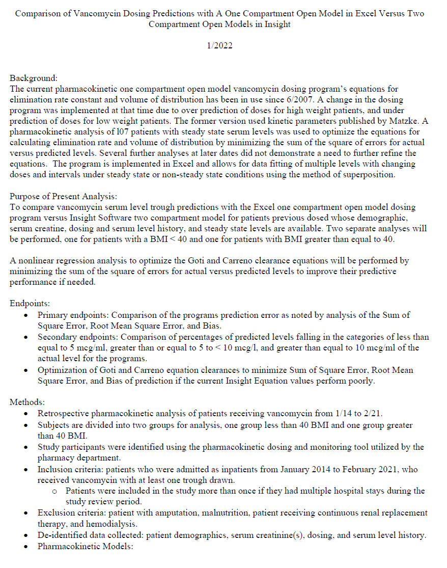 Vancomycin Dosing Predictions One Compartment Model Versus Two Compartment Models I