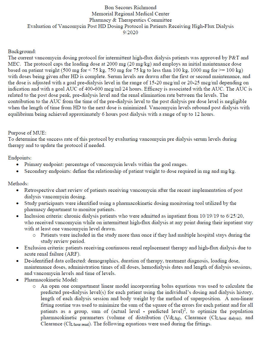 Vancomycin MUE Dosing After High Flux Dialysis I